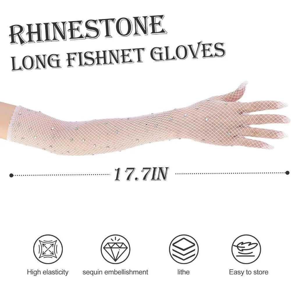 Women's Glitter White Rhinestone Elbow Length Long Gloves Halloween Party